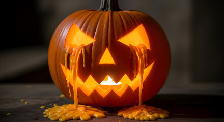 Spooky glowing jack-o'-lantern with melting wax drips evokes eerie Halloween spirit