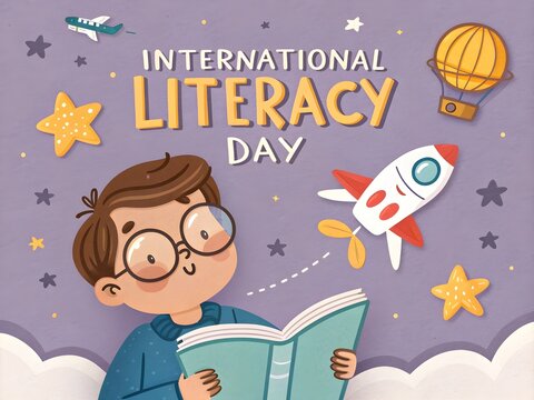 international literacy day illustration boy opening a book with a lot of knowledge.
