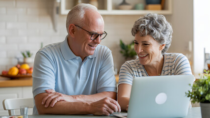 Smiling senior couple using laptop together in bright kitchen with fruit bowl and potted plant