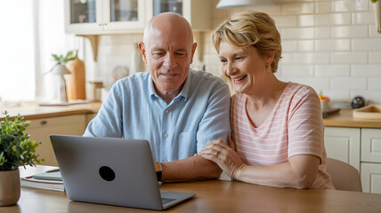 Senior couple smiling while looking at a laptop in a bright kitchen setting at home together