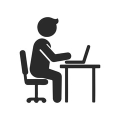 Male figure working on laptop at desk icon illustration
