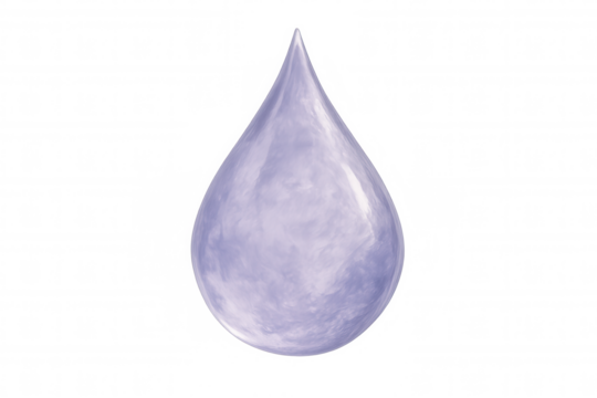 Transparent purple water droplet mirroring cloudy sky, symbolizing environmental purity and atmospheric dynamics