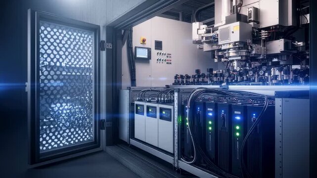 Emergency power backup systems integrated in electronbeam lithography maskwriter vault to ensure uninterrupted semiconductor processing.