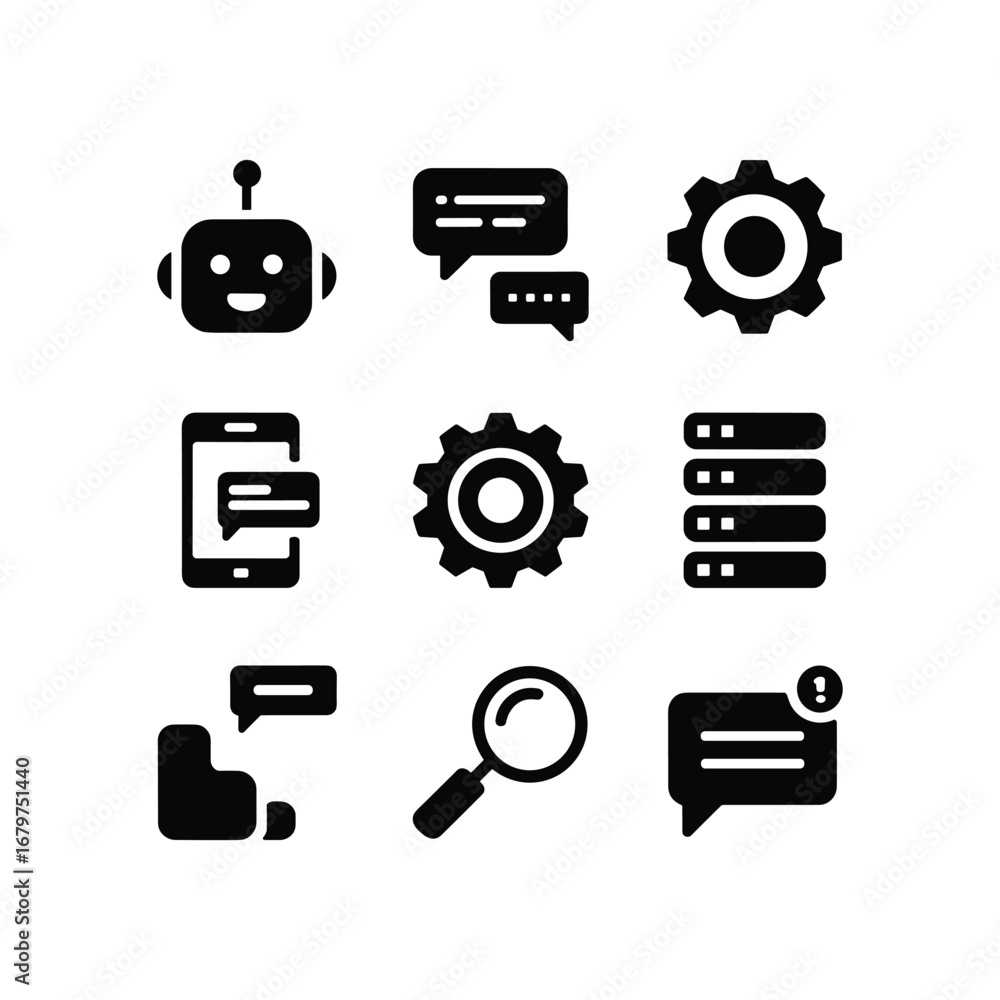 Poster modern digital icons set featuring chatbots ai technology data management search and settings