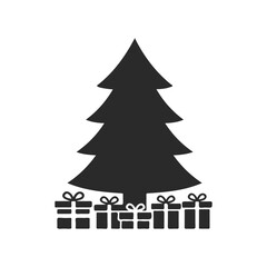 Fototapeta premium Silhouette of evergreen christmas tree with wrapped gifts in black and white