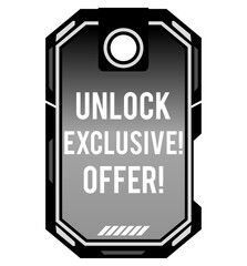 Futuristic offer tag and sci-fi badge for unlocking an exclusive promotion. Modern vector graphic of a game UI element for digital sales, special deals, and e-commerce marketing.