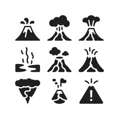 Collection of volcano icons showing eruptions lava ash and warning symbols