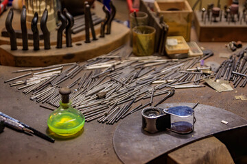 Jeweler s workbench, tools and materials for metalworking in Zurich, Switzerland