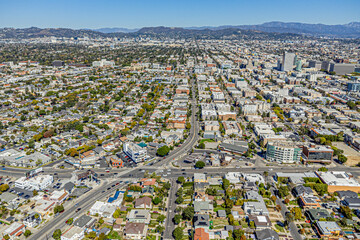 Koreatown, Los Angeles, CA, California, LA County, March 19, 2025: Aerial Drone View toward K-Town...