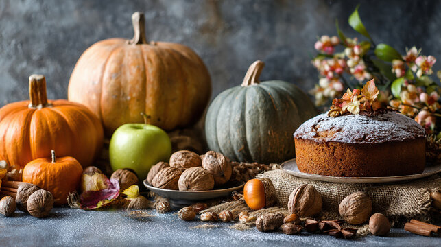 Autumn Decoration with Leaves and Pumpkin Pie on Rustic Background