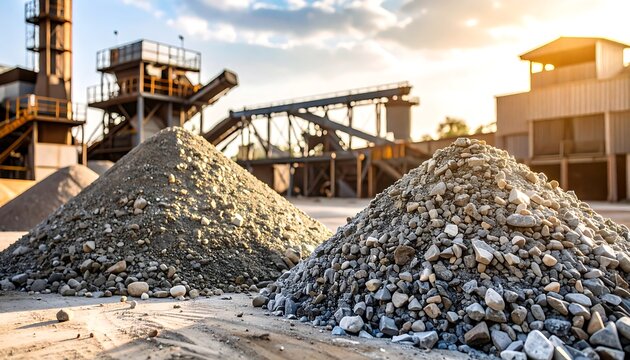 Large piles of gravel and sand are situated outside of a construction or industrial facility.