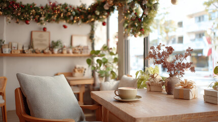 cozy american coffee shop adorned with festive christmas garlands creating warm ambiance filled with holiday spirit