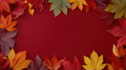 Autumn frame. Colorful maple leaves on red background. Autumn, fall, Thanksgiving banner design