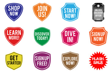 Collection of colorful call-to-action badges and buttons for marketing and promotions