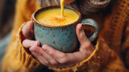 Warm Cozy Drink in Hand with Autumn Sweater and Natural Light