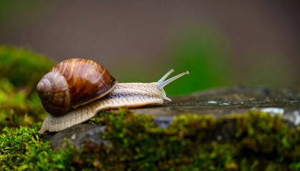 A snail crawls on a moss-covered rock