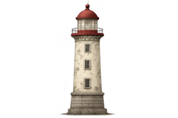 Old lighthouse with red top and transparent background guiding ships in the ocean