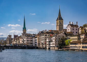Cityscape of Zurich, Switzerland, at dus over the Limmat River in Altstadt