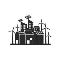 Fototapeta premium Eco-friendly urban landscape with solar panels and wind turbines