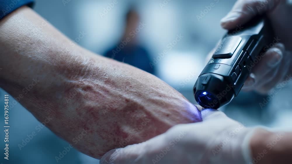 Poster medium shot showing a handheld ai woundcare camera scanning skin damage with macro lens in focus pat