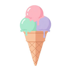 Colorful three scoop ice cream cone on black background