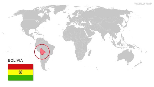 Bolivia Map Video, highlighted in the world map with national flag and borders, perfect for presentations, travel, education, geography, and global studies.