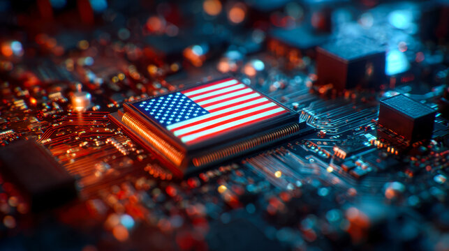 Computer chip with United States flag design on circuit board background
