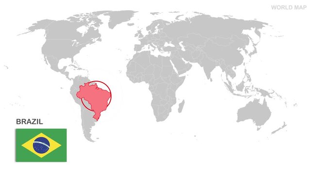 Brazil Map Video, highlighted in the world map with national flag and borders, perfect for presentations, travel, education, geography, and global studies.