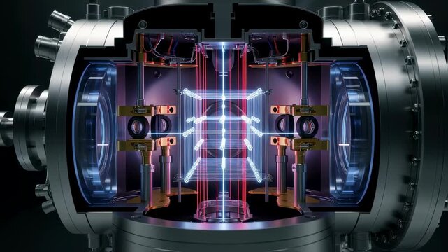 Crosssectional rendering of a vacuum chamber detailing the internal lattice trap arrangement for atomic clock precision.