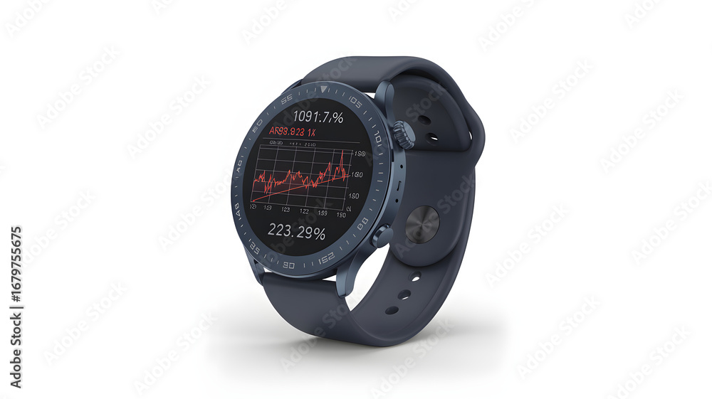 Poster close up of a smartwatch displaying stock market data on its screen against a white background