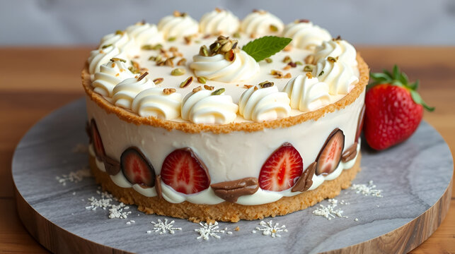 torta, gelato, crema, pasticceria, e, frutta, fragole, granella, pistacchio, cioccolato, bianco, decorazioni, targhetta, targa, fondente, fragoline, panna, biscotti, fiocco, tavolo, grigio, vassoio, o
