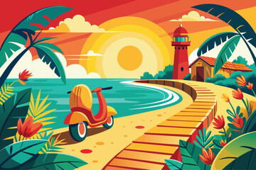 Vibrant tropical beach scene with scooter and lighthouse at sunset
