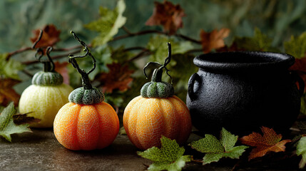 Close-up image of Halloween-themed display, three pumpkins made from satsumas with stalks of cucumber pieces