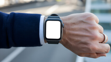 Close up of a person's wrist with an apple watch and a blue jacket sleeve visible on the left side