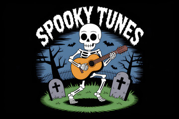 A cheerful skeleton plays guitar in a spooky graveyard setting with bats and tombstones.