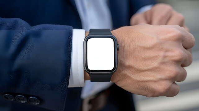 Close up of a businessman checking time on smart watch with a blank white screen on his wrist