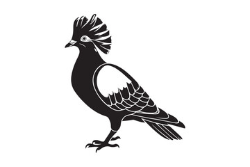 Stylized black and white illustration of a crested bird