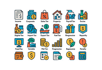 colorful flat vector icons Tax (Types) tax income tax corporate tax sales tax property tax payroll tax excise tax import tax export tax fuel tax luxury tax digital tax carbon tax flat tax.