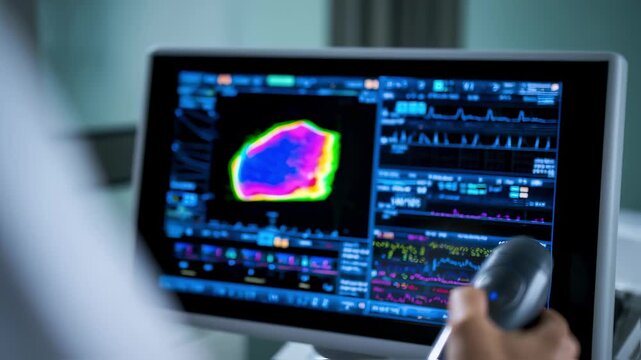 Ultrasound elastography workflow close focus on liver stiffness color map sonographers hand holding probe steady clinical setting muted in soft background blur.