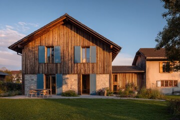 Obraz premium Rustic wooden house with blue shutters surrounded by green grass in a serene countryside setting during golden hour near a peaceful landscape