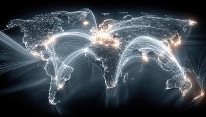 Global network map.  Detailed world map with glowing lines representing interconnectedness.  Cities highlighted.  Dark background.  Abstract and futuristic