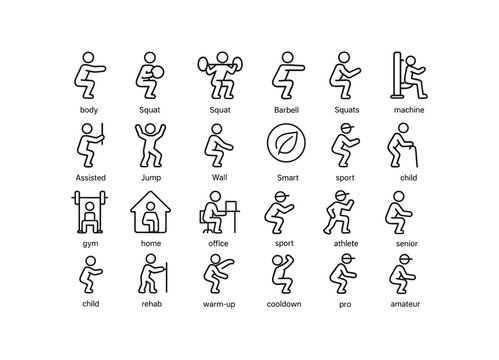 vector outline icons Squats (Types) squats body squats weight squats barbell squats dumbbell squats kettlebell squats machine squats assisted squats jump squats wall squats split squats eco.