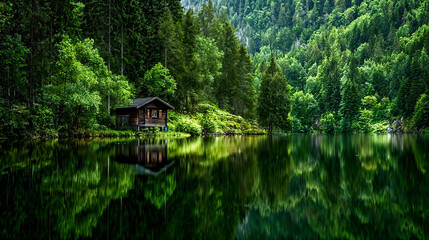Obraz premium A Wooden Cabin by a Lake in the Middle of a Forest