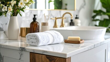 Modern bathroom interior with marble countertop and white towel