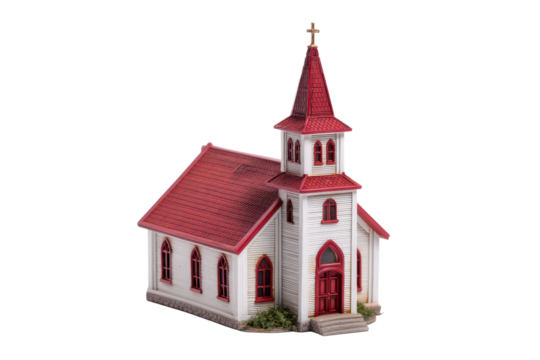 Red-Roof Country Church Model with Steeple on Transparent Background