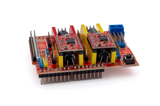 Electronic stepper motor driver shield for Arduino isolated on a white background