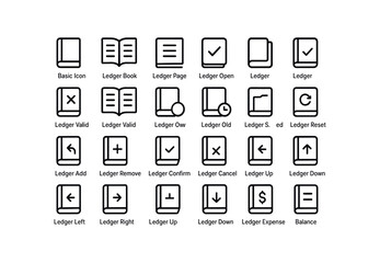 vector outline icons Ledger (Basic) ledger icon ledger book ledger page ledger open ledger closed ledger active ledger inactive ledger valid ledger invalid ledger new ledger old ledger.