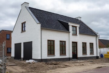 Modern residential house under construction with white exterior and dark roof in a suburban neighborhood on a cloudy day