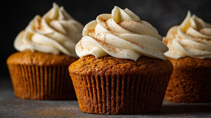 Fall pumpkin spice cupcakes with creamy frosting, side view scene against a dark background