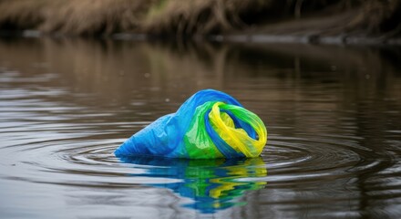Obraz premium Blue and yellow plastic bag floating in calm water reflecting environmental concerns